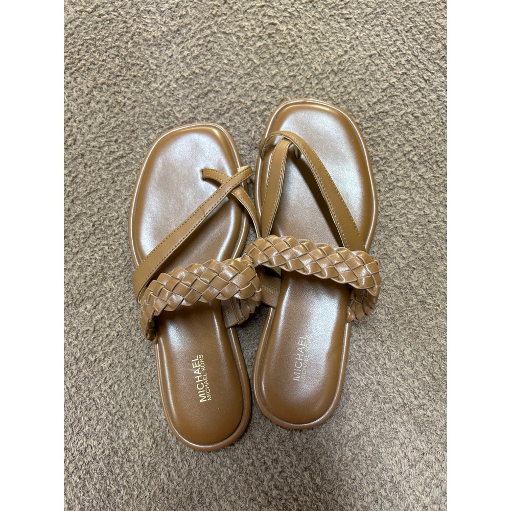 Michael Kors Brown Braided Toe Loop Flat Sandals Womens 8.5M PV22B Luggage